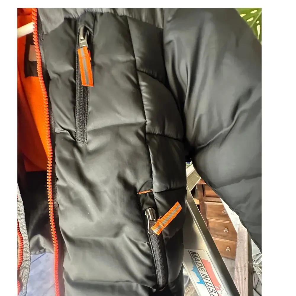 Champion Boys Puffer Jacket XS 4–5 Gray Orange Fleece Lined Hooded Winter Coat